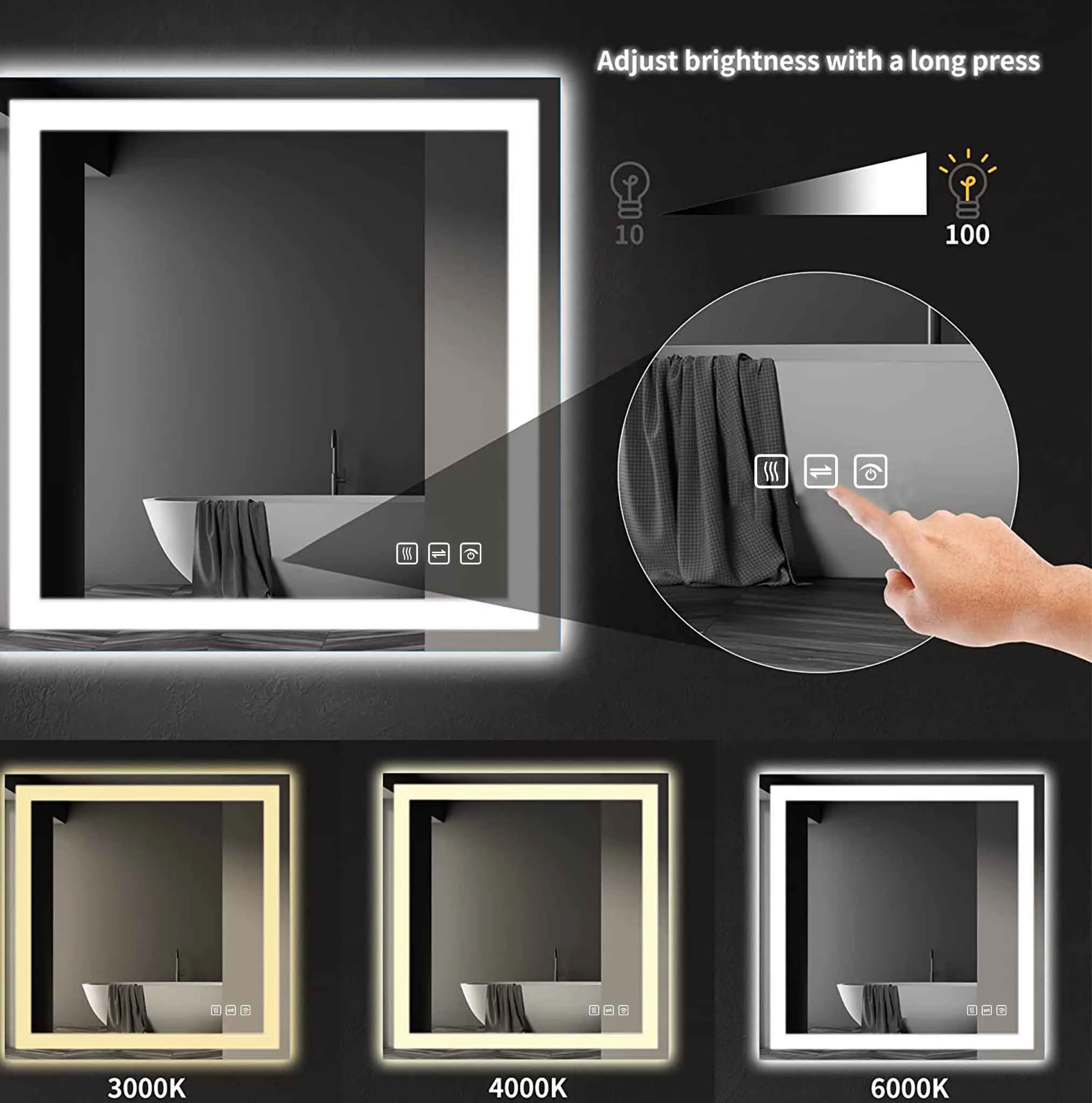 36 in. W x 36 in. H LED Rectangular Frameless Anti-Fog Bathroom Mirror Front & Backlit