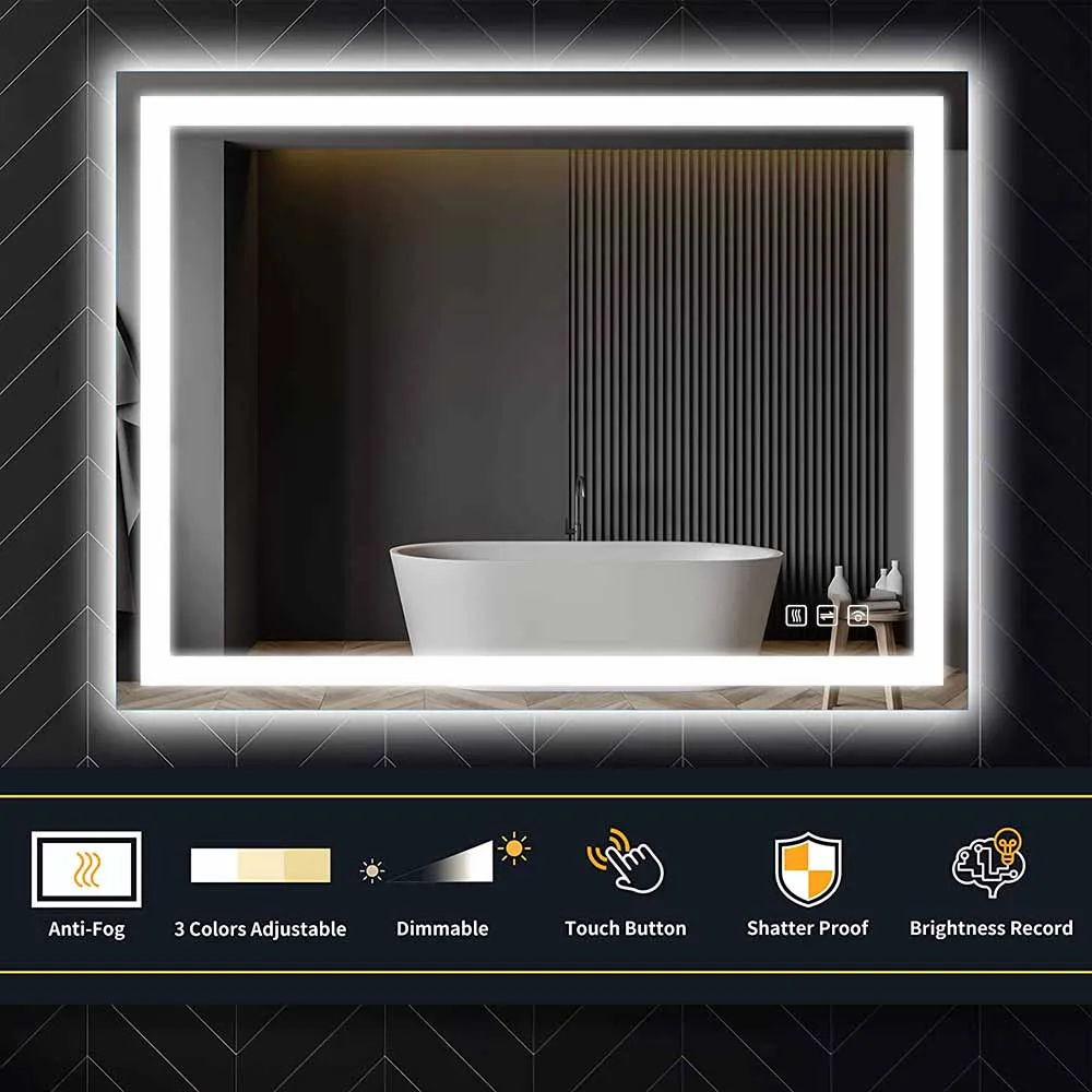 48 in. W x 36 in. H LED Rectangular Frameless Anti-Fog Bathroom Mirror Front & Backlit