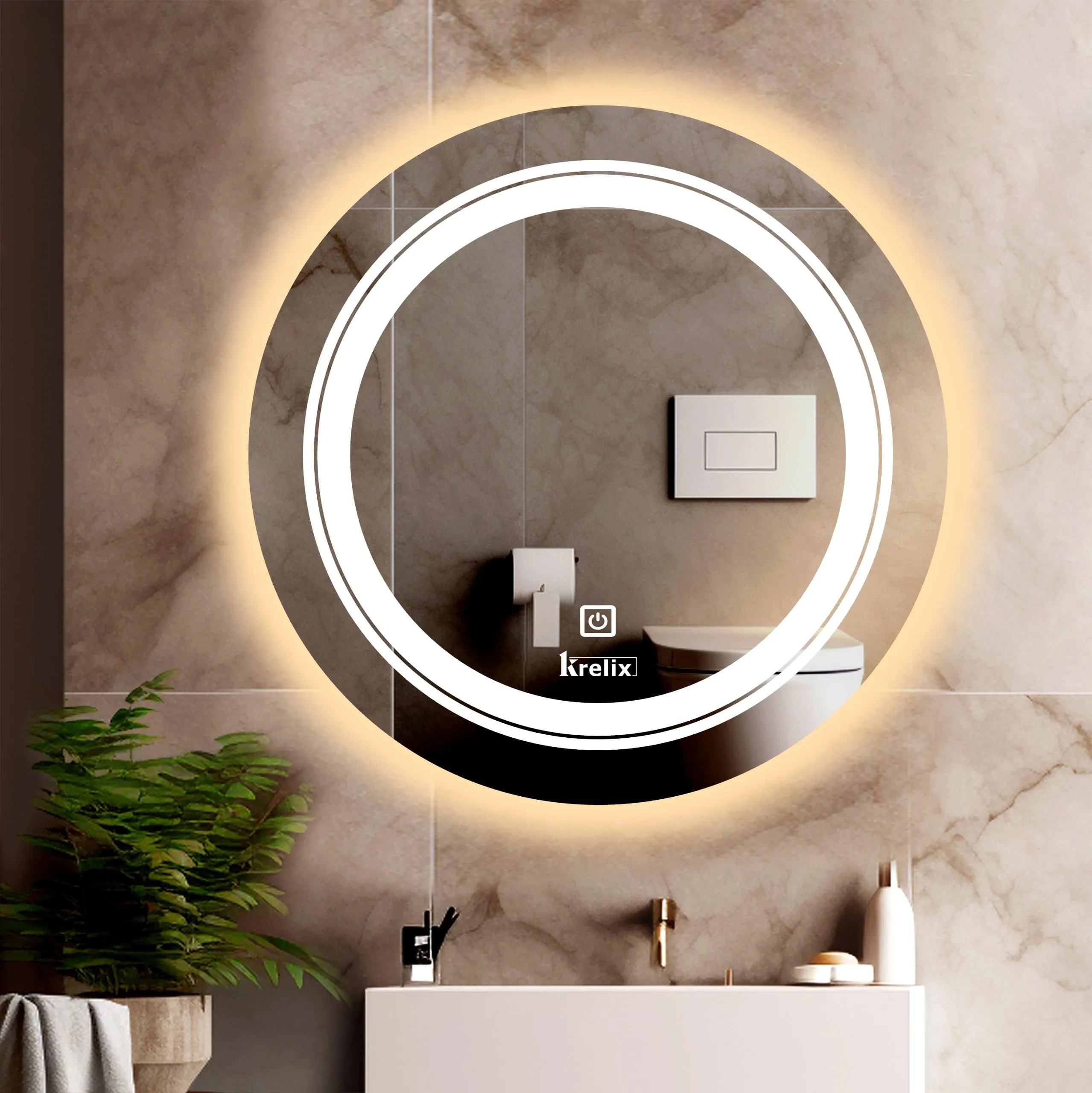 KRELIX Round LED Bathroom Mirror with 3 Lighting Options - Warm, White, Natural White, Stylish Illumination for Your Wash Basin, Led Wall Mirror (16X16 Inch)