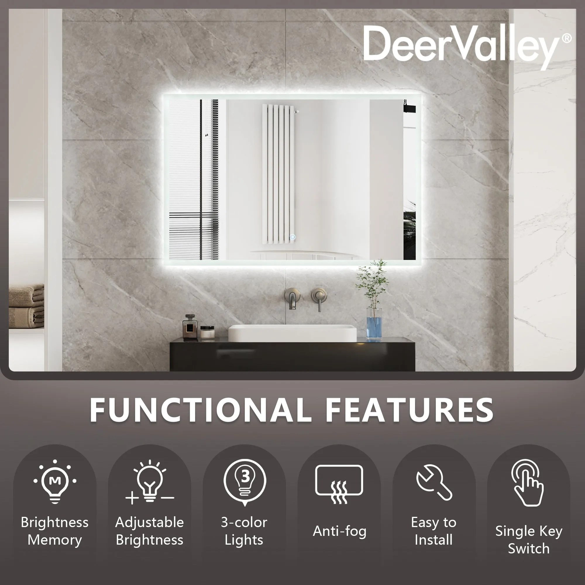 Led Bathroom Mirror with Lights, Smart Dimmable Vanity Mirrors for Wall, Anti-Fog Makeup Mirror