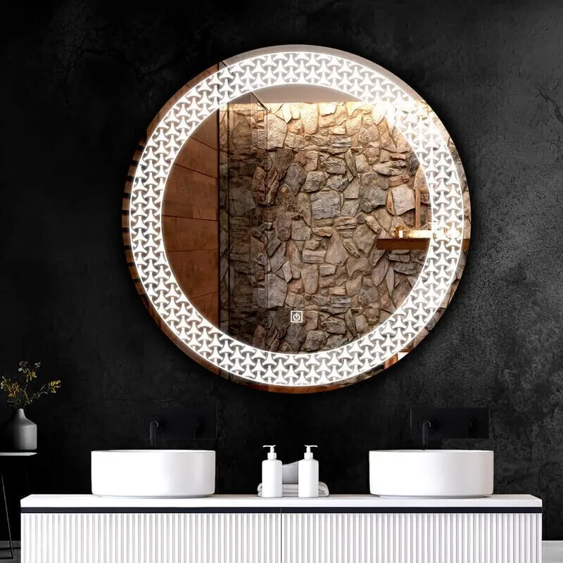 Led Mirror Round Design Modern Glass Bathroom Mirror with 3 Color Light-(Warm,White,Natural White. 24x24 inch).