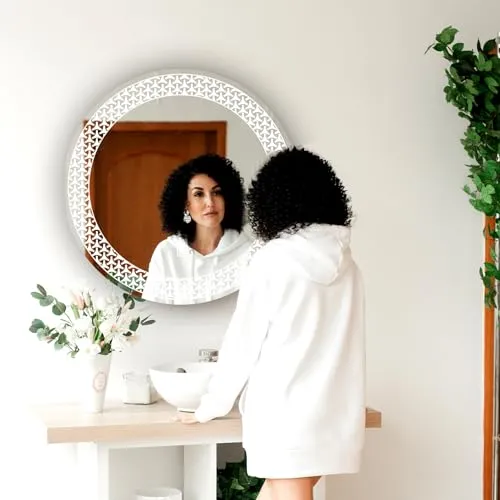 Led Mirror Round Design Modern Glass Bathroom Mirror with 3 Color Light-(Warm,White,Natural White. 24x24 inch).