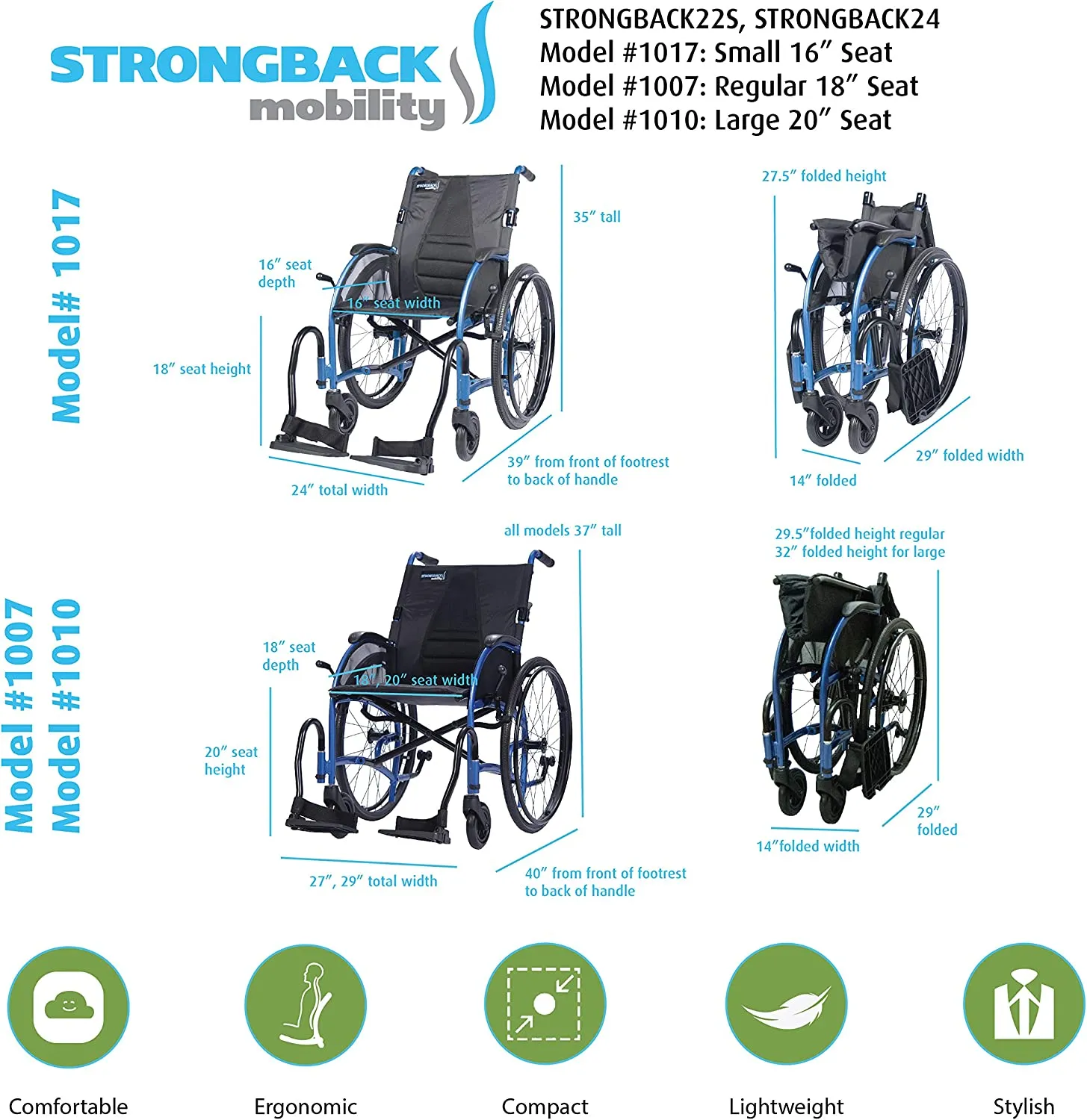 Lightweight Foldable Wheelchair I Built-in Adjustable Lumbar Support I 20" Seat (24" Rear Wheels)