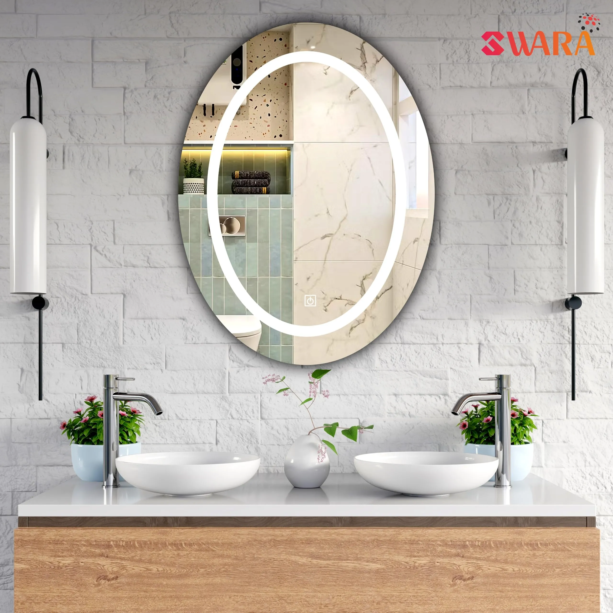 Oval LED Bathroom Mirror with 3 Lighting Options (Warm, White, Natural White), Stylish Illumination for Your Wash Basin Bathroom Bedroom Living Room House Home Oval Mirror (Design 1)