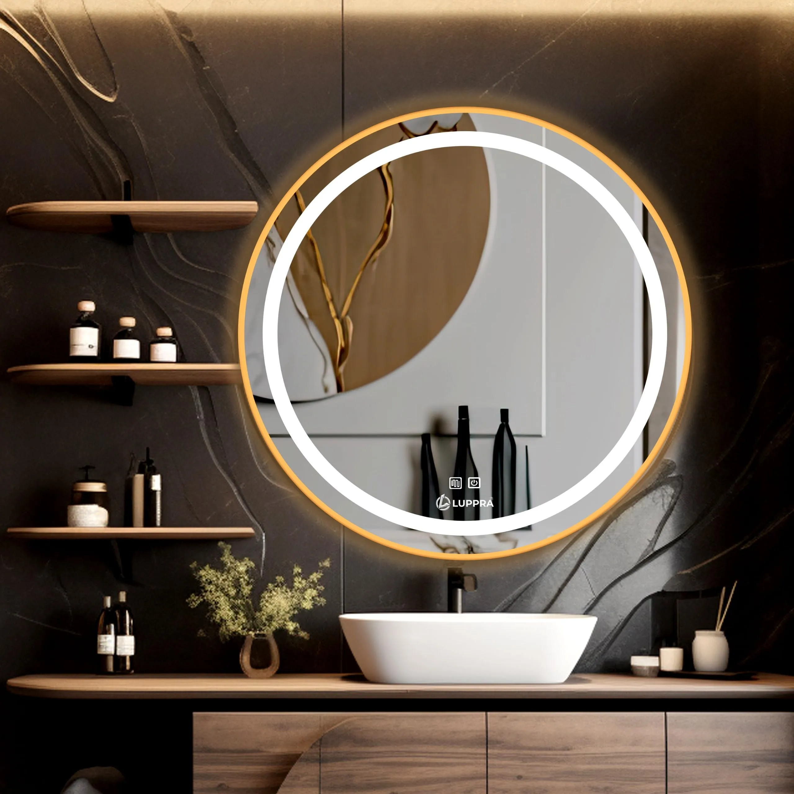 Round LED Bathroom Mirror with Sensor/3 Tone(White Light, Natural Light, Warm Light)/Designer Mirror for Living Room/Bedroom/Dressing Room,(Golden Aluminium Framed),Size 24x24 Inch.