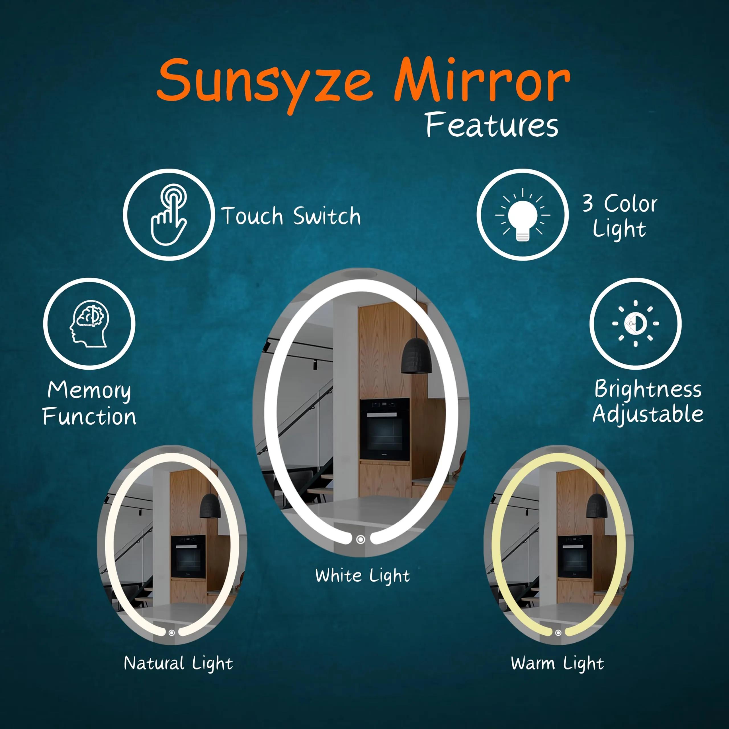 Sunsyze Led Mirror 24"/18" Oval Touch Sensor Mirror for makup and Grooming Bathroom wash Basin Vanity Lighted Mirror Backlit (3in1 Oval, Wall Mount, Unframed)