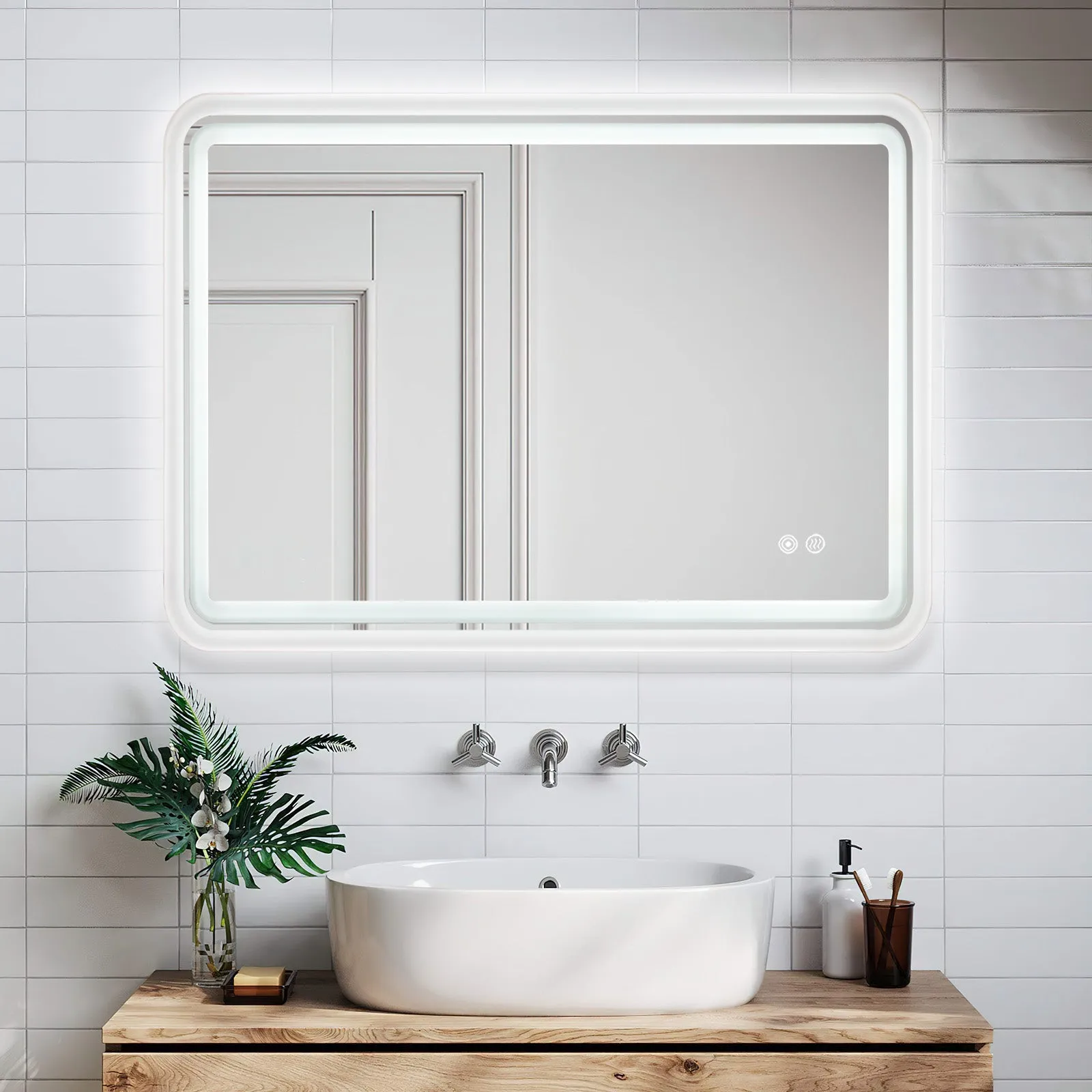 White Framed LED Bathroom Mirror with Lights, Dual Front& Back Lights, Defogging