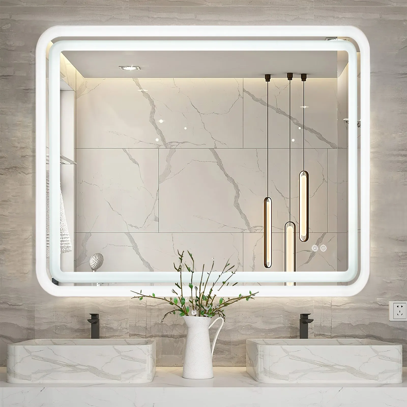 White Framed LED Bathroom Mirror with Lights, Dual Front& Back Lights, Defogging