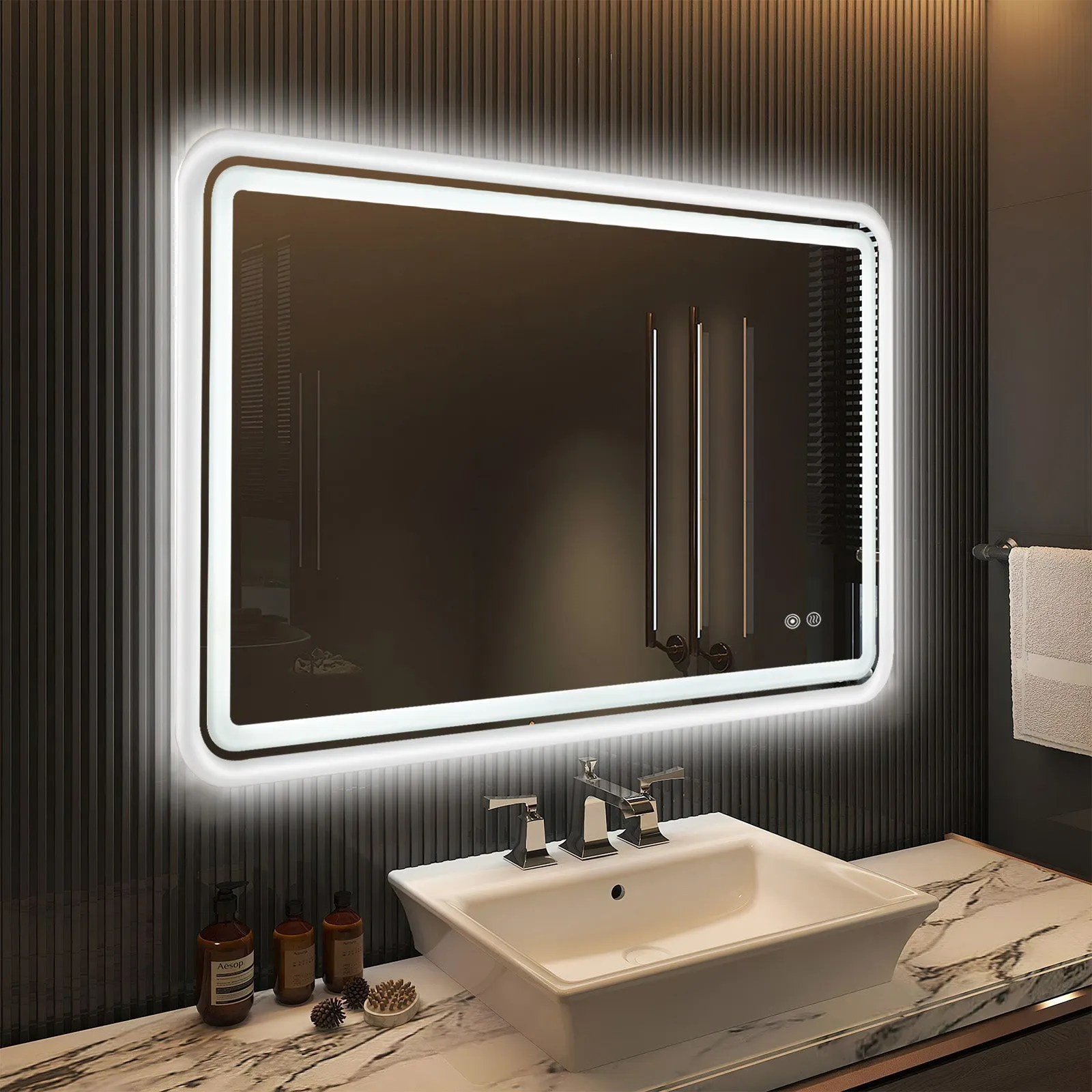 White Framed LED Bathroom Mirror with Lights, Dual Front& Back Lights, Defogging