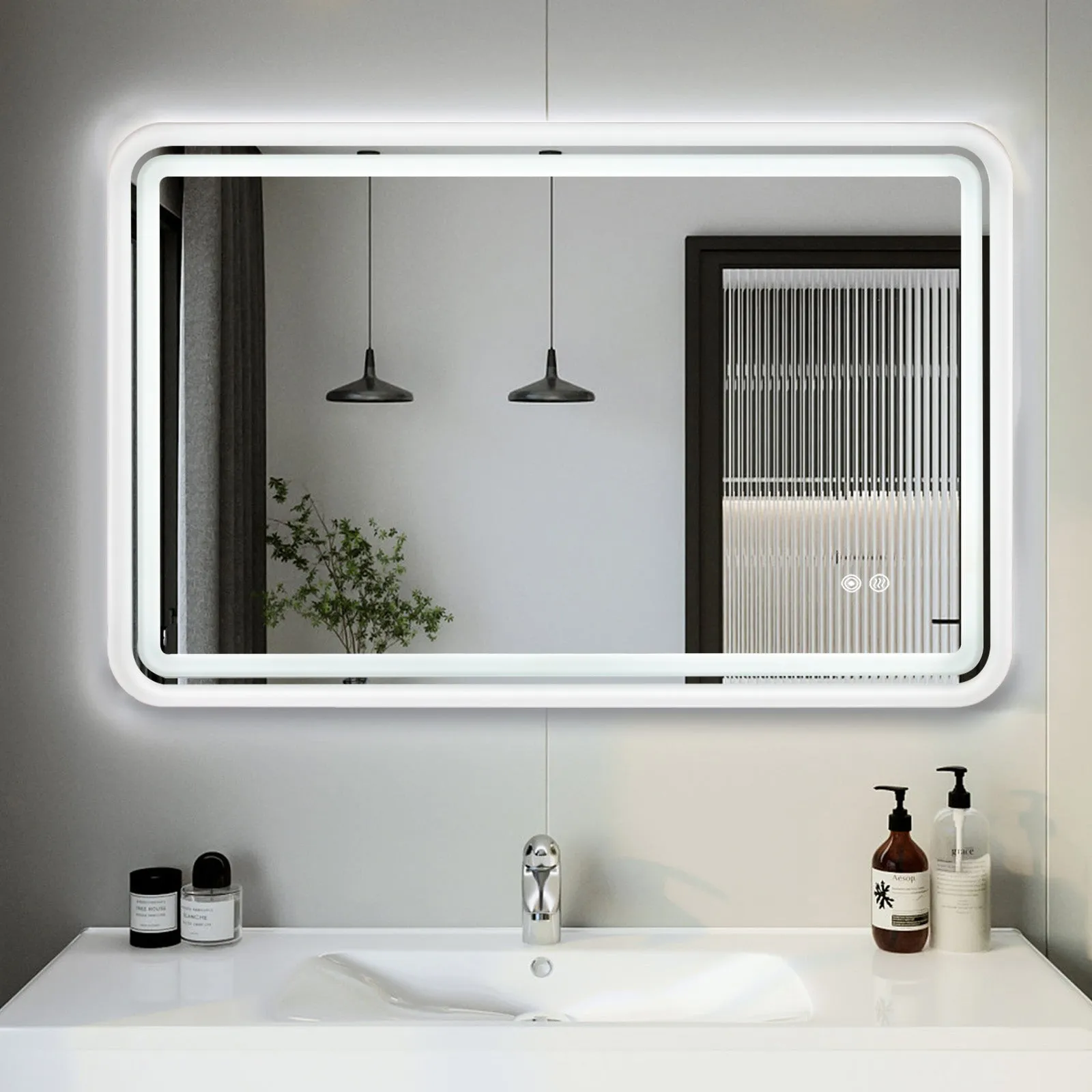 White Framed LED Bathroom Mirror with Lights, Dual Front& Back Lights, Defogging