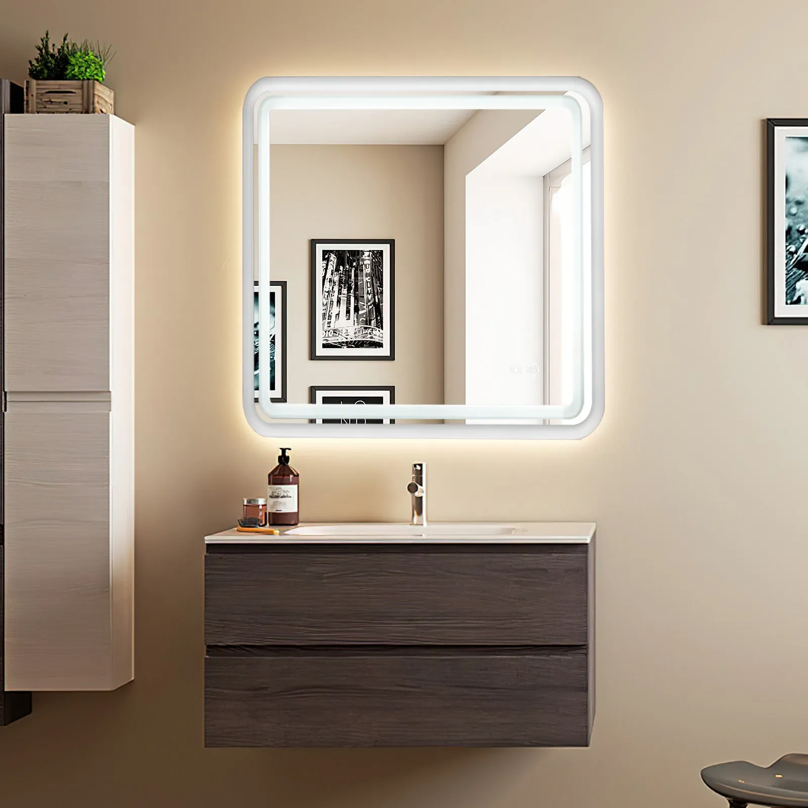 White Framed LED Bathroom Mirror with Lights, Dual Front& Back Lights, Defogging