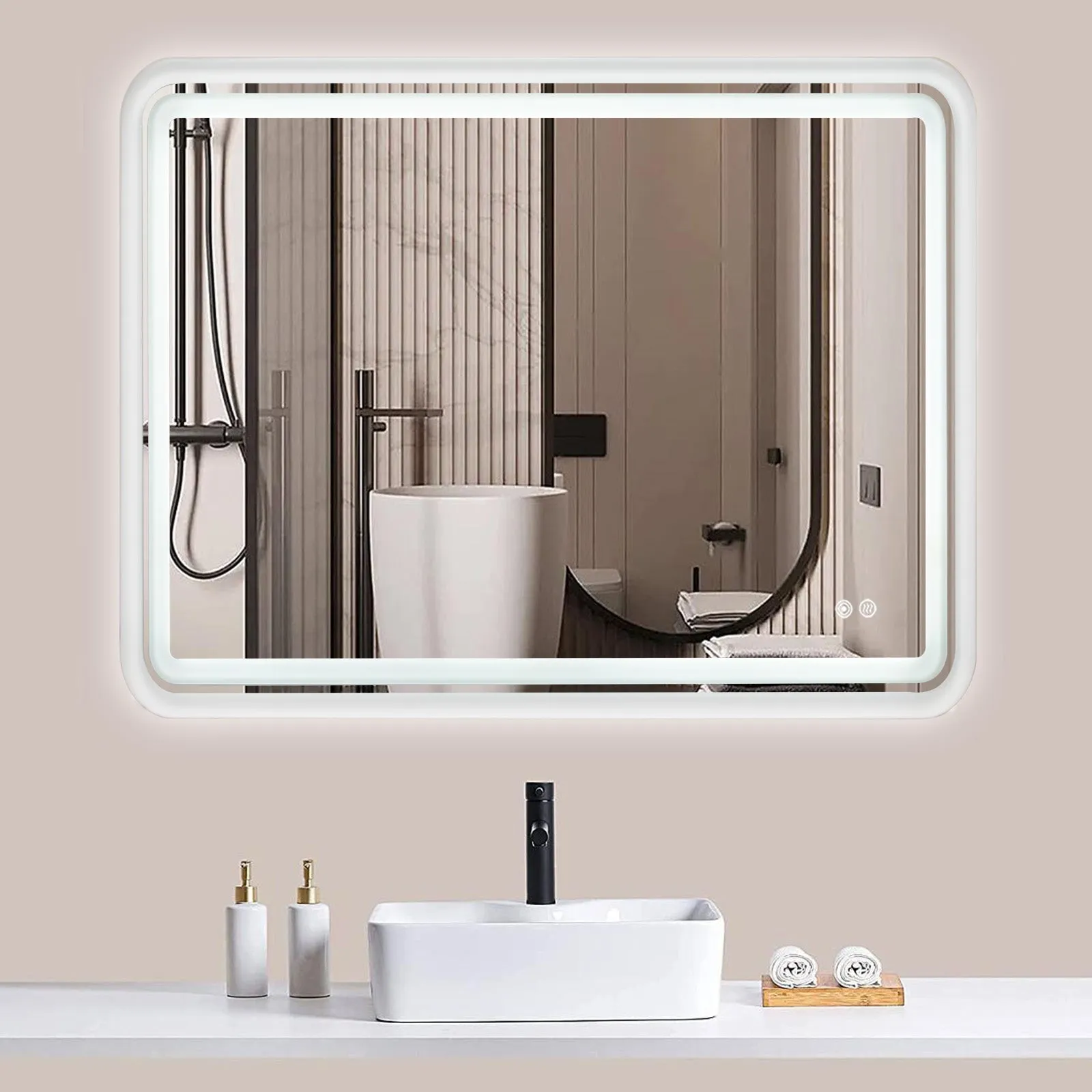 White Framed LED Bathroom Mirror with Lights, Dual Front& Back Lights, Defogging