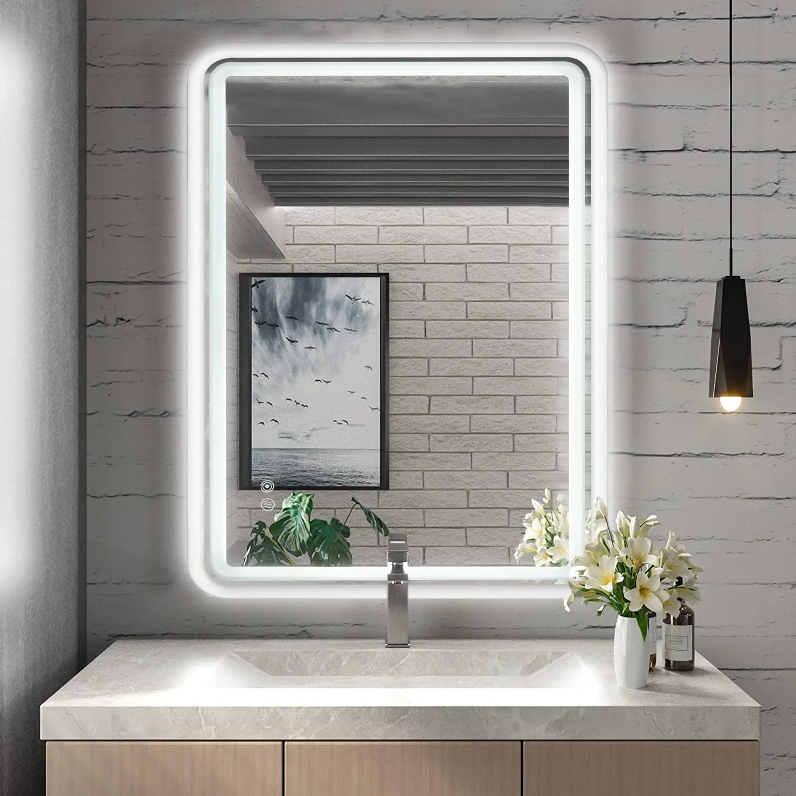 White Framed LED Bathroom Mirror with Lights, Dual Front& Back Lights, Defogging