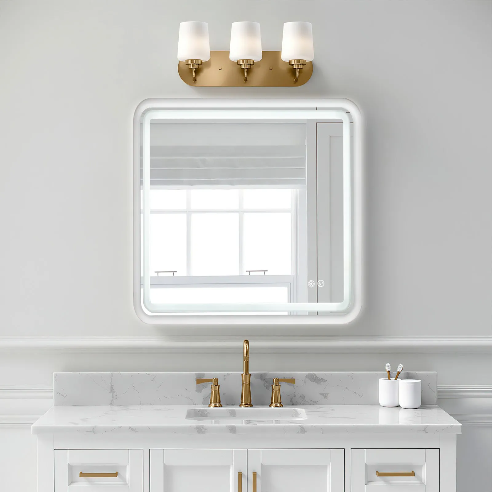 White Framed LED Bathroom Mirror with Lights, Dual Front& Back Lights, Defogging