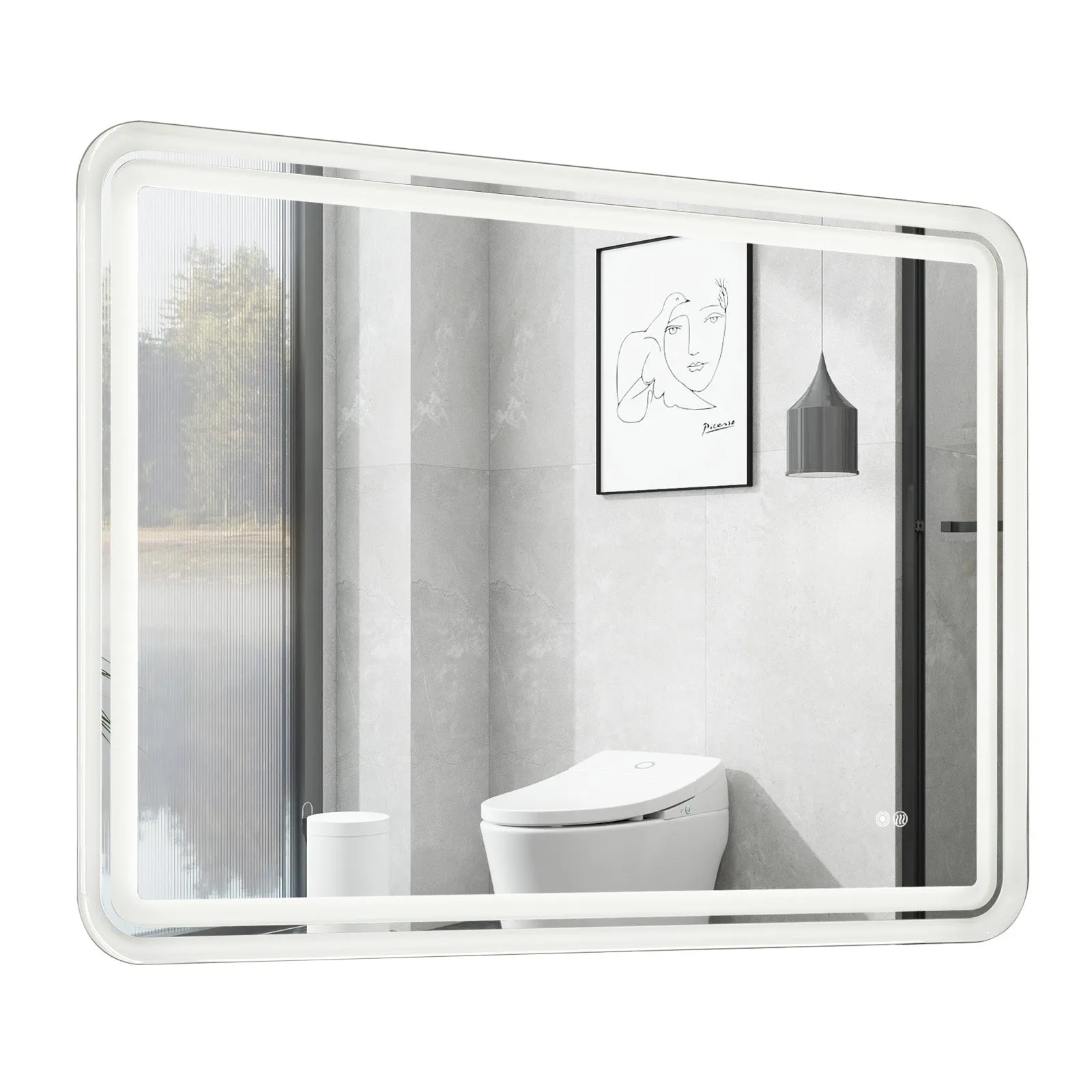 White Framed LED Bathroom Mirror with Lights, Dual Front& Back Lights, Defogging