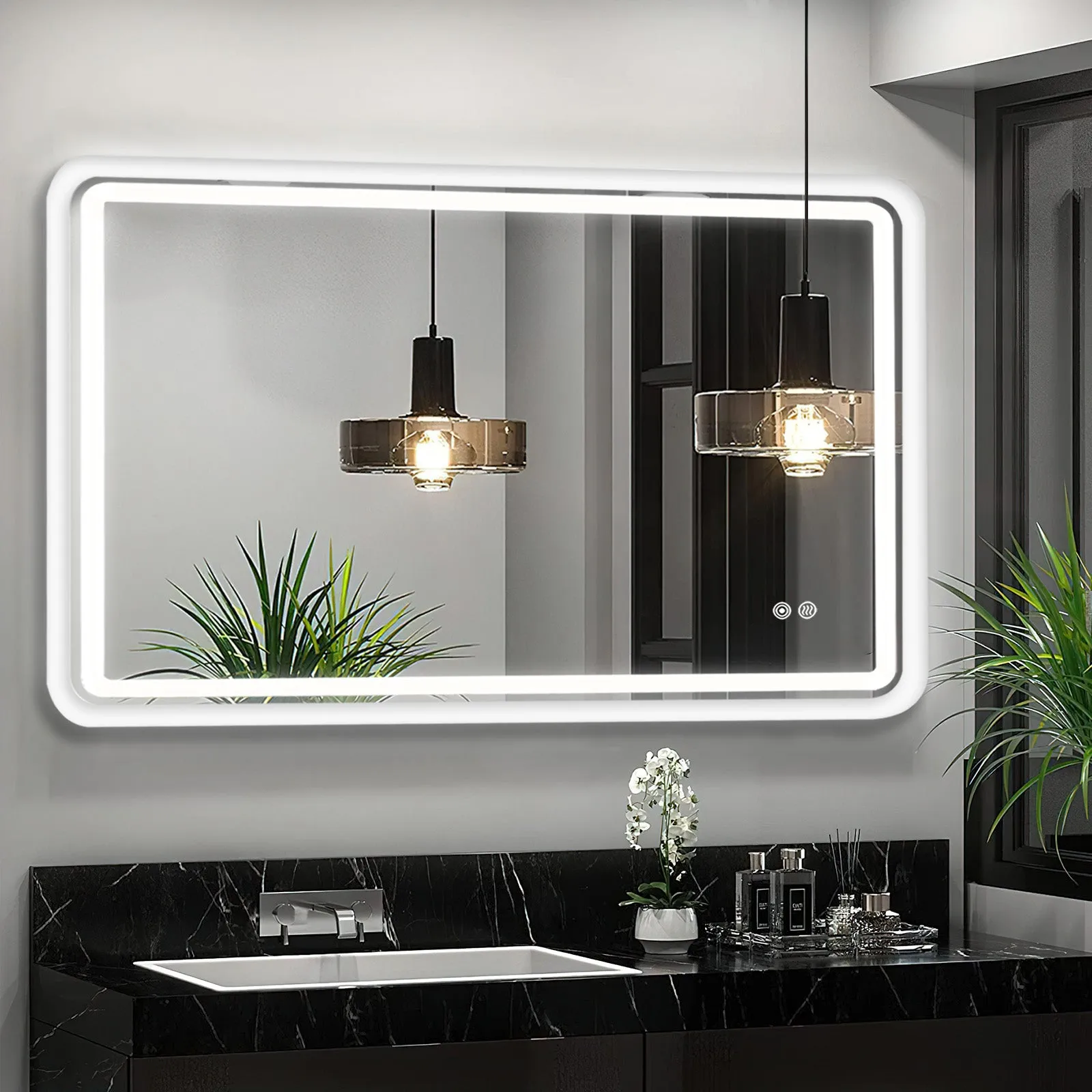 White Framed LED Bathroom Mirror with Lights, Dual Front& Back Lights, Defogging