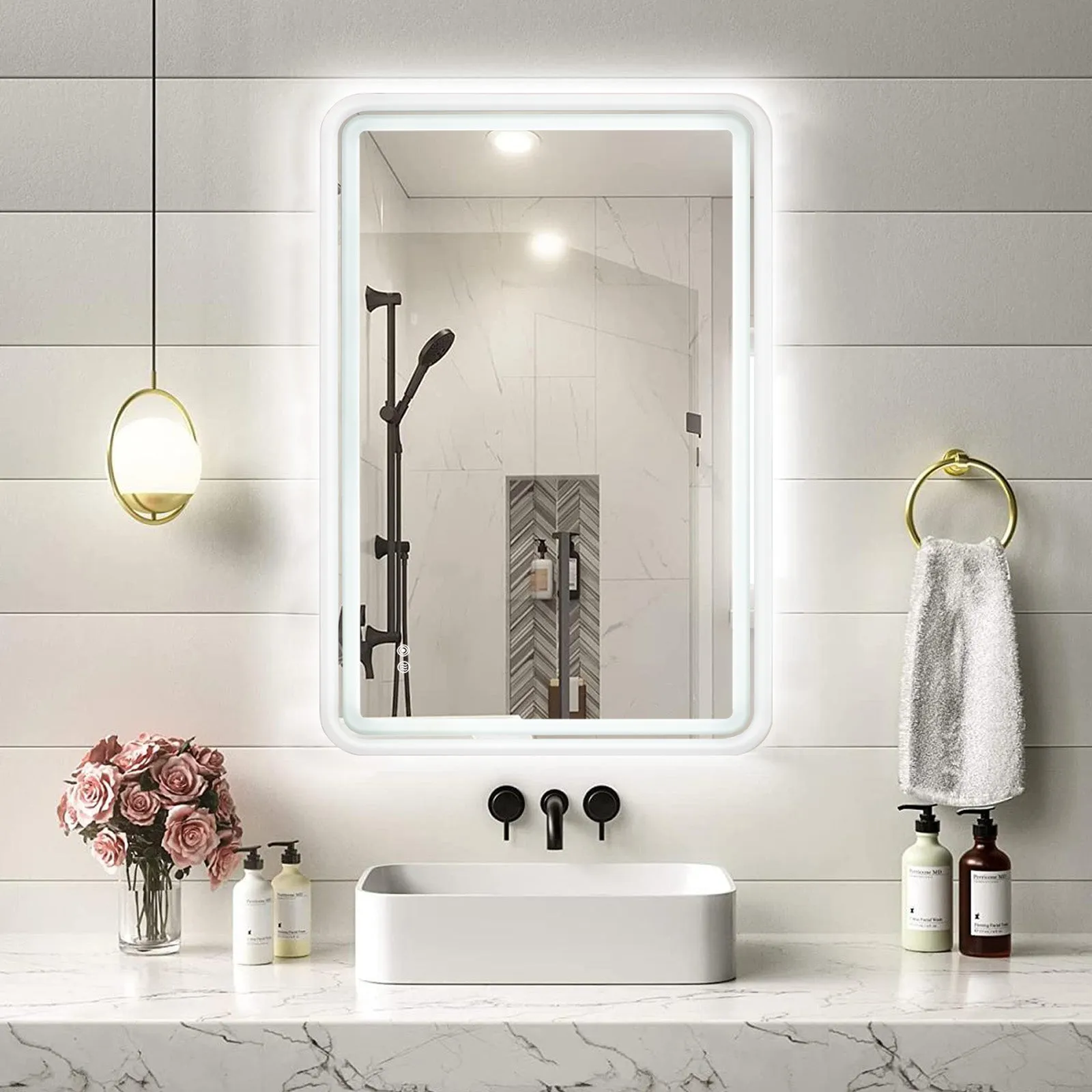 White Framed LED Bathroom Mirror with Lights, Dual Front& Back Lights, Defogging