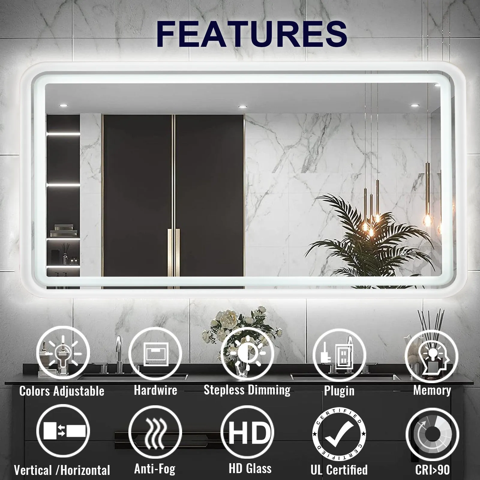 White Framed LED Bathroom Mirror with Lights, Dual Front& Back Lights, Defogging