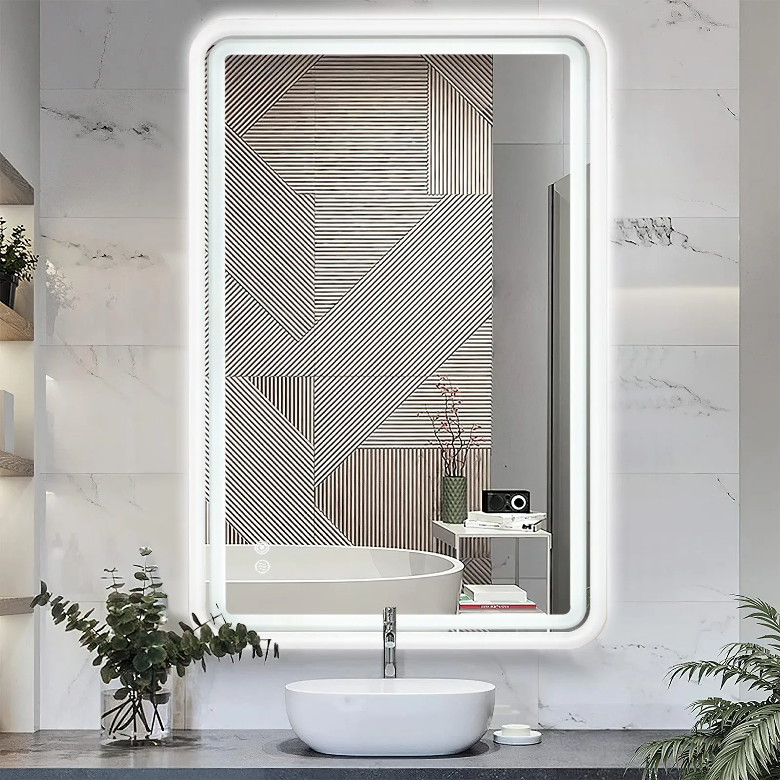 White Framed LED Bathroom Mirror with Lights, Dual Front& Back Lights, Defogging