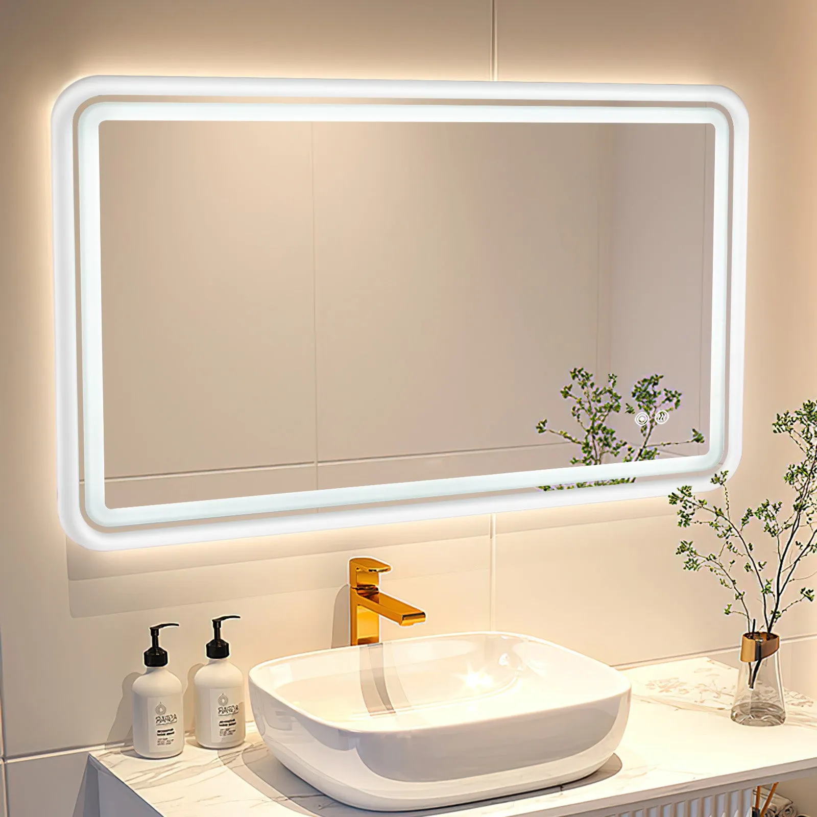 White Framed LED Bathroom Mirror with Lights, Dual Front& Back Lights, Defogging