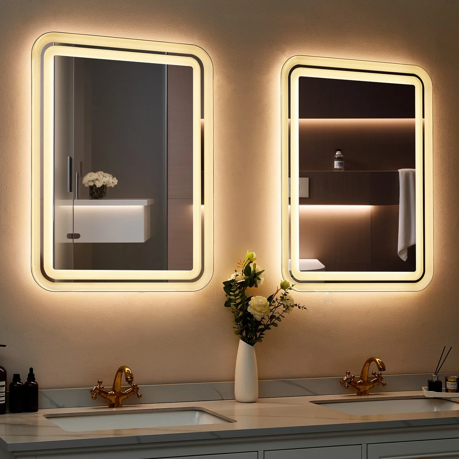 White Framed LED Bathroom Mirror with Lights, Dual Front& Back Lights, Defogging