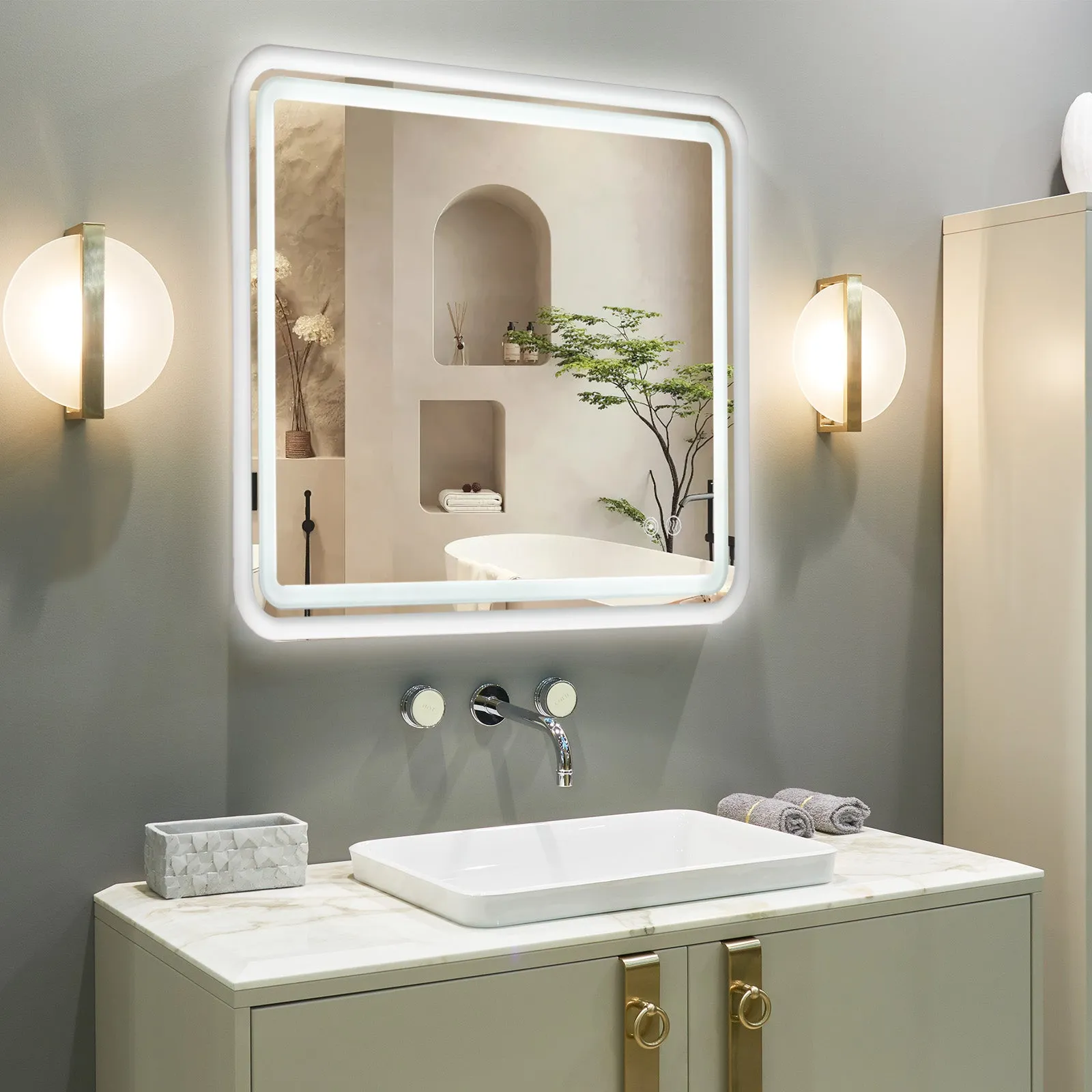 White Framed LED Bathroom Mirror with Lights, Dual Front& Back Lights, Defogging