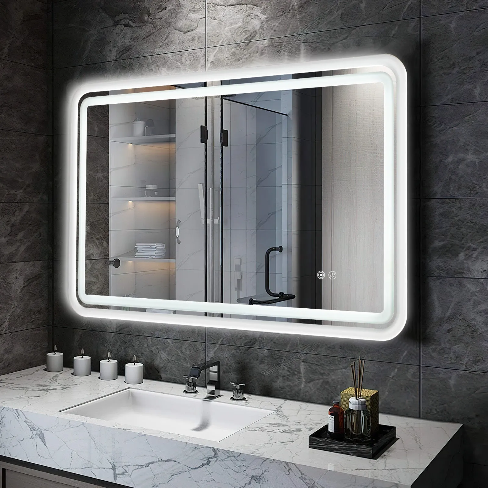 White Framed LED Bathroom Mirror with Lights, Dual Front& Back Lights, Defogging