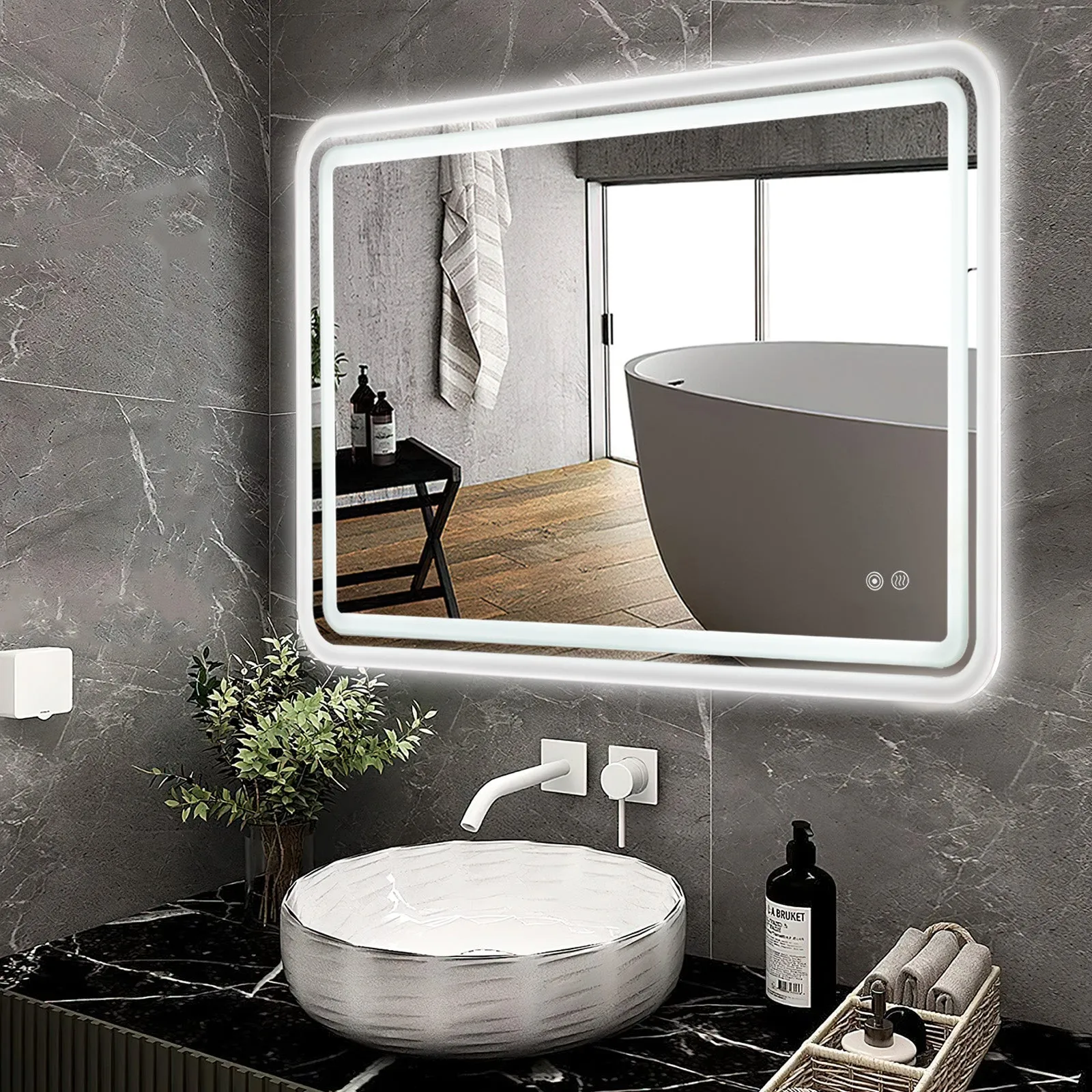 White Framed LED Bathroom Mirror with Lights, Dual Front& Back Lights, Defogging