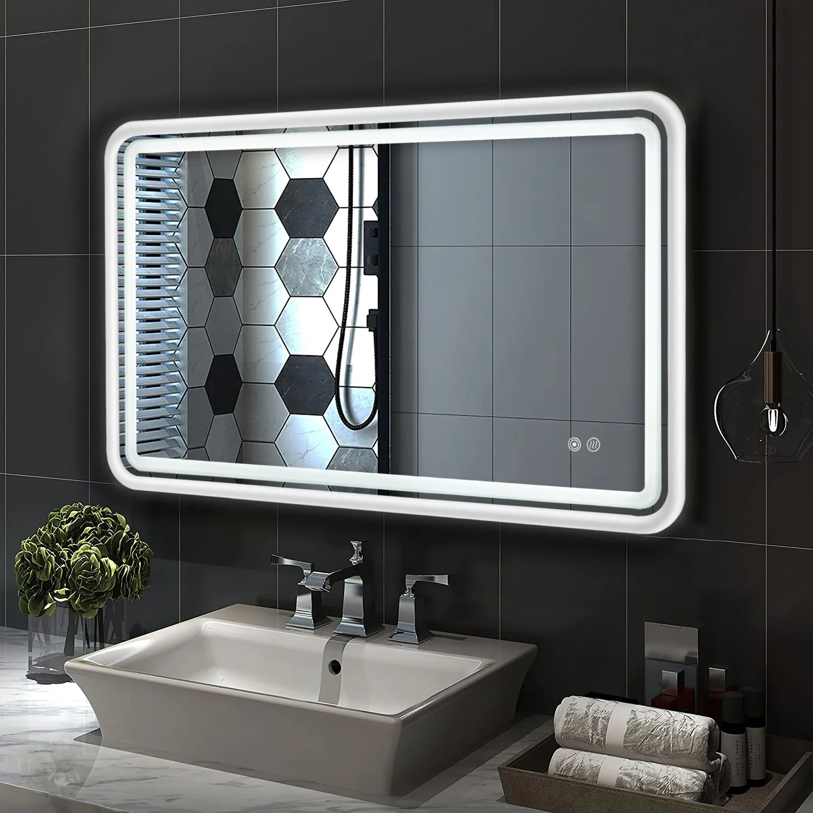 White Framed LED Bathroom Mirror with Lights, Dual Front& Back Lights, Defogging