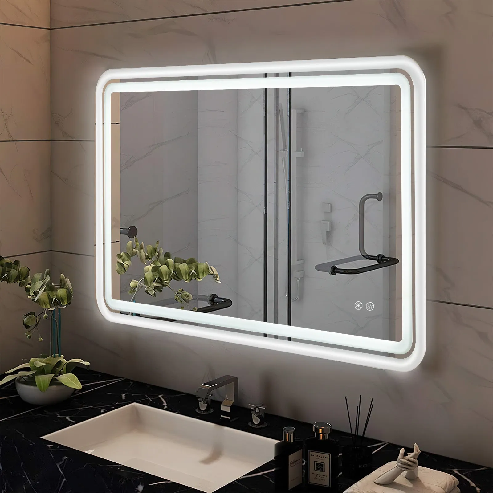 White Framed LED Bathroom Mirror with Lights, Dual Front& Back Lights, Defogging